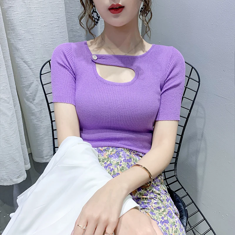 

2021 summer new net red super popular ice silk sweater clavicle top sweet potato purple short-sleeved T-shirt