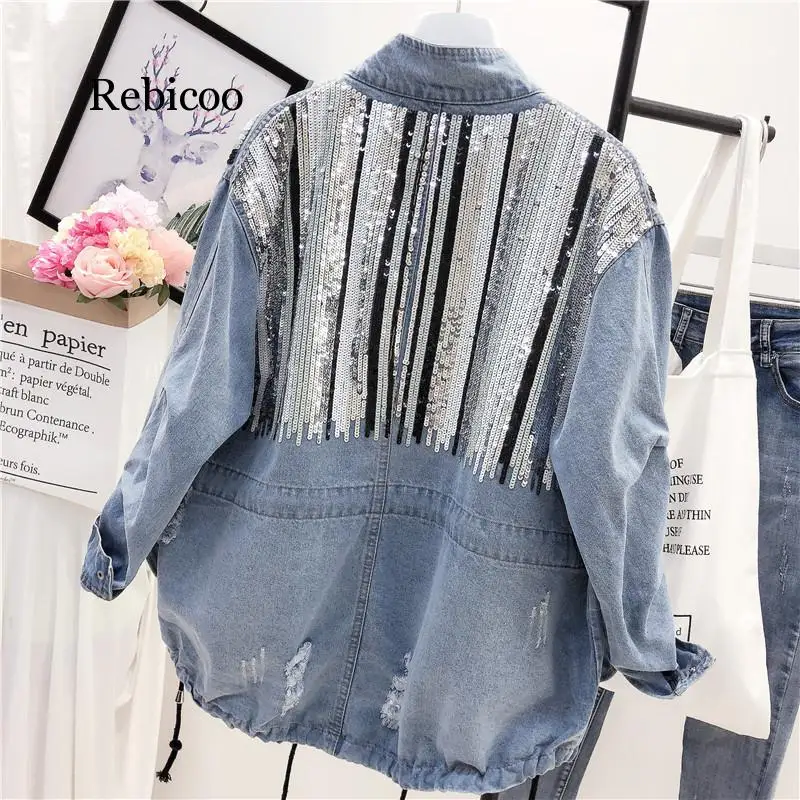 

2020 Sequins Denim Jacket Women Bomber Jacket Fashion Long Sleeves Coats Vintage Hippie Jeans Jacket Colete Feminino