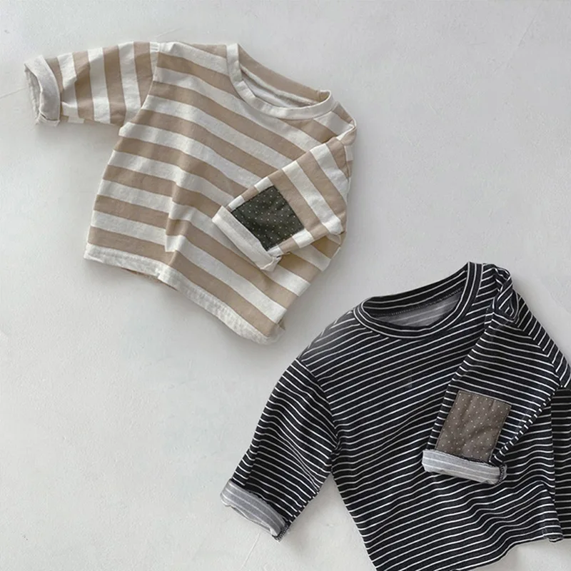 

2022 Autumn New Fashion Striped Long Sleeve T Shirt Cotton Loose Kids T Shirts Casual Boys Bottoming Girls Tee Children Clothes
