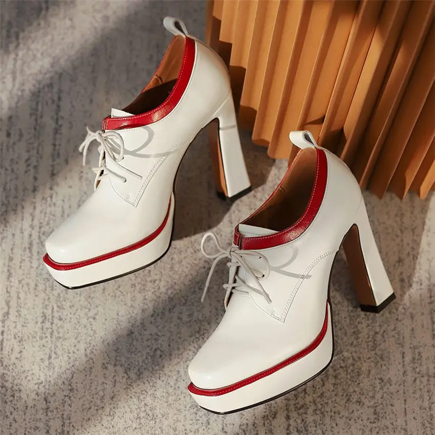 Bottines en cuir véritable à talons hauts épais pour femmes, escarpins à plateforme, à bout rond, chaussures de boîte de nuit de mariage 34 35 36 37 38 39