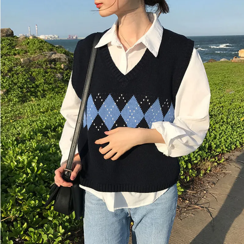 

Women Sweaters Vest Winter Argyle Knitted Sweater Ladies Geometric Pattern Pullovers Tops Female Oversize Tank Tops Pull Femme
