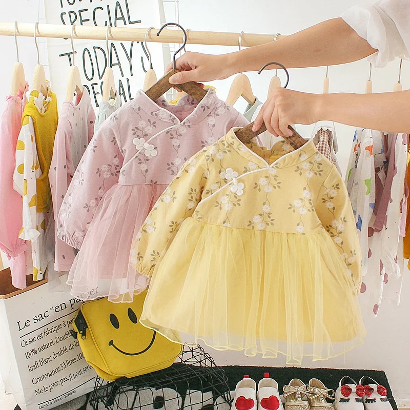 Одежда в китайском стиле для маленьких девочек Осеннее детское Сетчатое платье