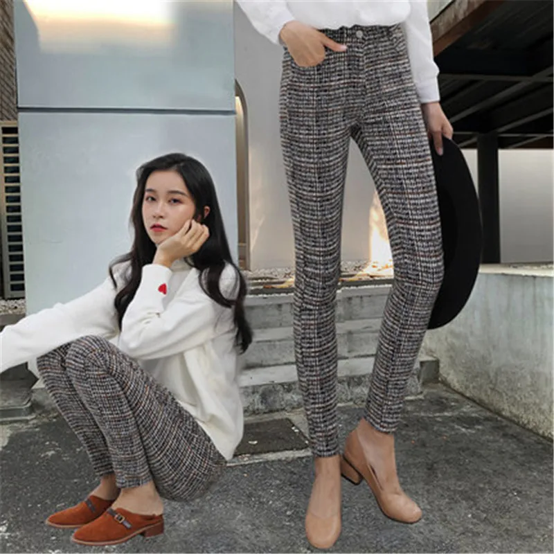 Клетчатые Модные женские осенние брюки 2021 зимние леггинсы Брендовые узкие