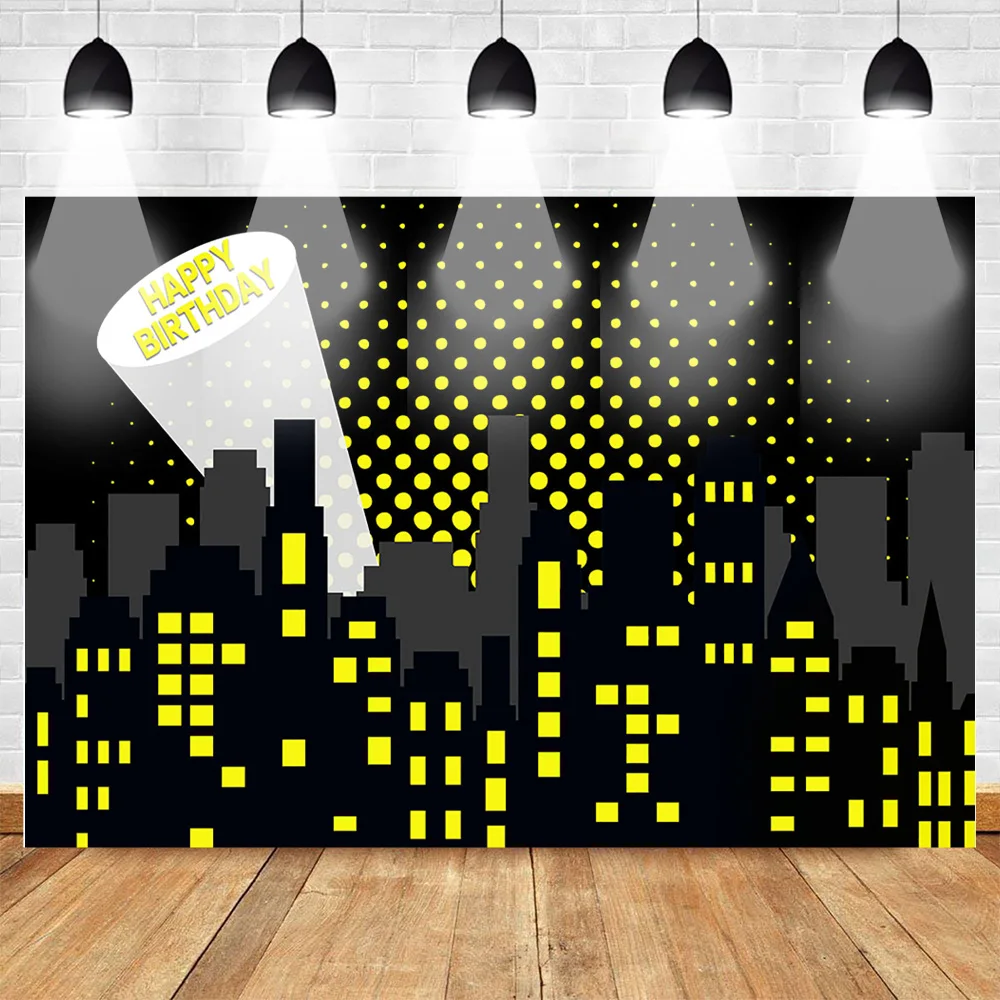 

Mehofoto Superhero Birthday Photography Backdrops Cartoon City Light Building Birthday Theme Party Decor Background