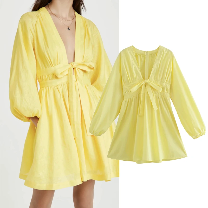

PPYQYKX Za 2021 spring and summer women's fashion sexy V-neck casual mini dress retro bow yellow casual loose party mini dress