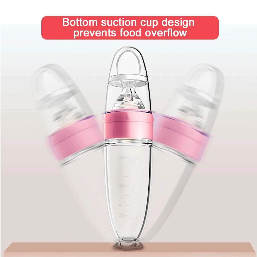 

90ml Hands Free Safe Silicone Baby Feeding Bottle Leakproof Scale With Spoon Detachable Suction Cup Rice Paste Easy Clean Soft