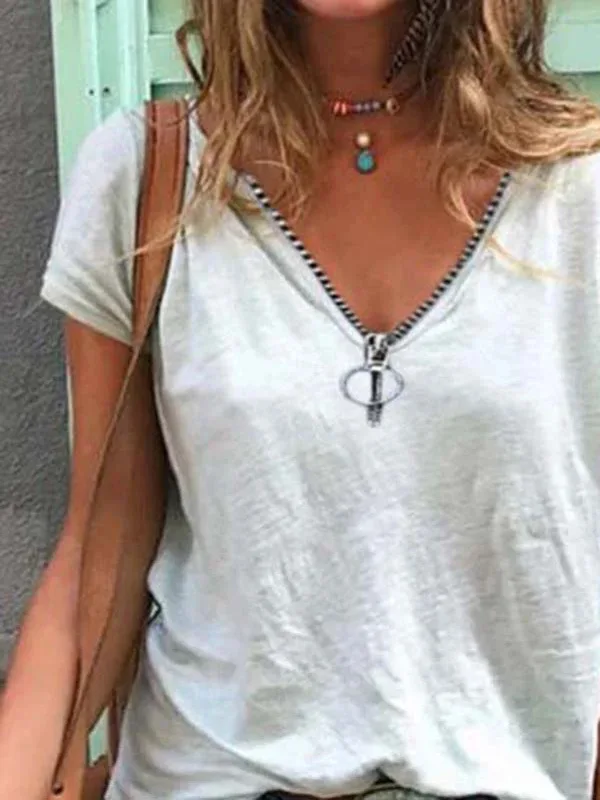 

2021 Casual Blouse Shirt Solid Color Zipper Women's Short Sleeve T-shirt