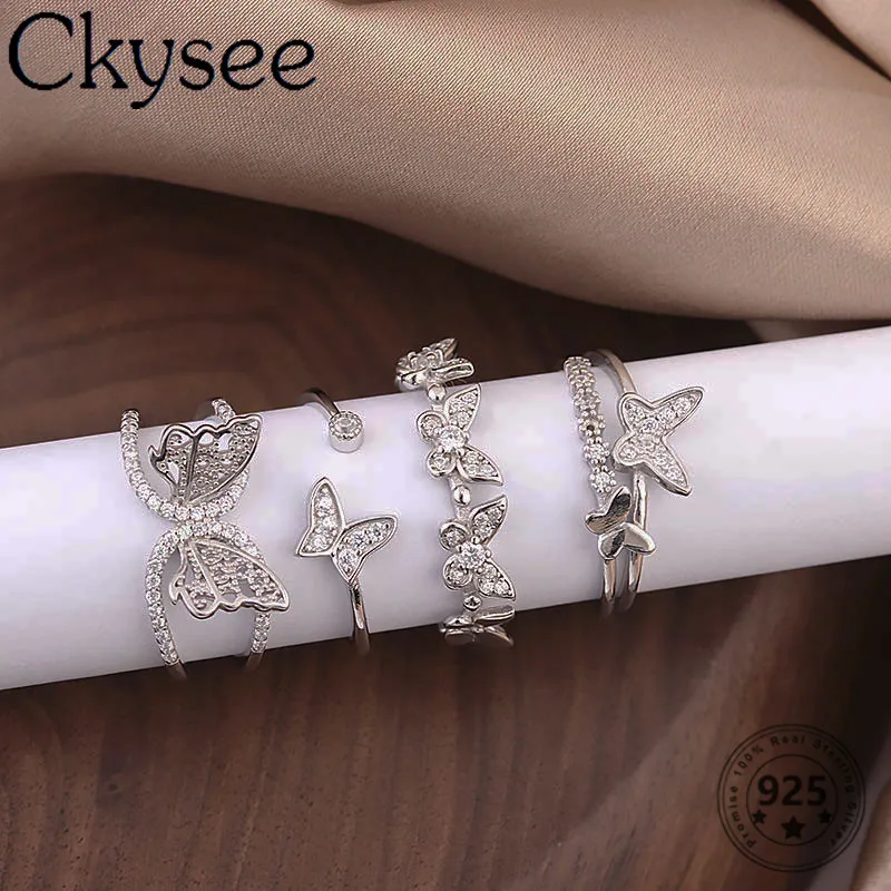 

Ckysee Shiny 925 Sterling Silver Rings Zircon Butterfly Ring Opened Adjustable Rings For Women Original Fine Jewelry Silver 925
