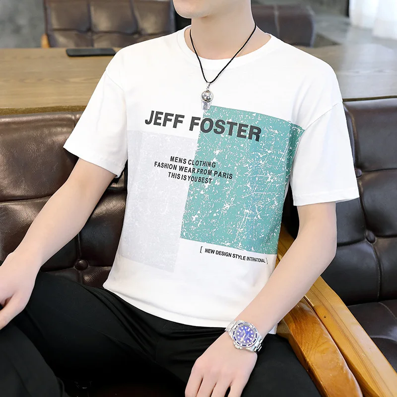 

2021 summer new men's short-sleeved cotton T-shirt casual fashion printing trend high quality large size white top