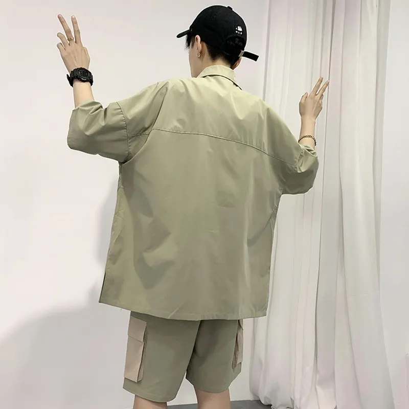 

2021 Summer Men's Sets Shirts And Shorts Fashion Oversize Suit Clothing Patchwork Cargo Pocket Short Sleeve Casual Streetwear