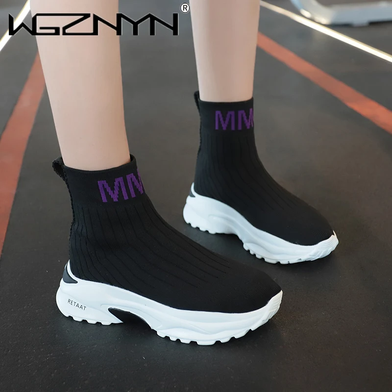 

WGZNYN 2020 Autumn Breathable Ankle Boots Women Socks Shoes Female Sneakers Casual Elasticity Wedge Platform Shoes Soft Sole