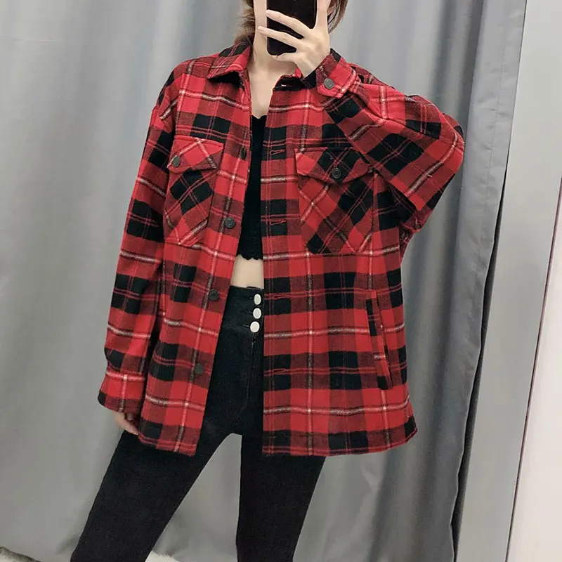 NoEnName_Null зимняя женская зеленая клетчатая Длинная блузка куртка повседневная