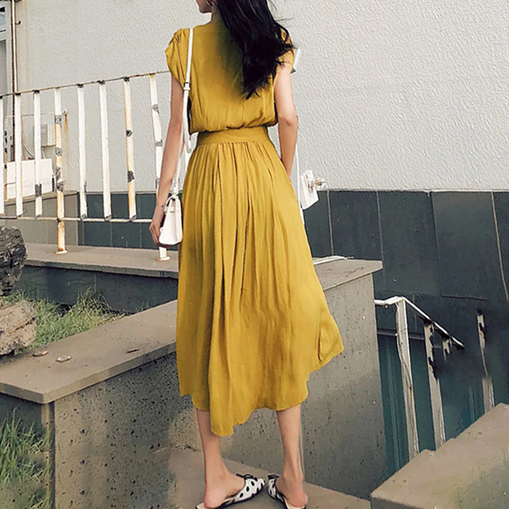 

Dress Chiffon Dress Summer 2021 New Female Korean Temperament Skirt Lace-up Waist Slimming Casual Over-the-knee Long Skirt