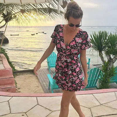 Женские летние цветочные печатные игровой костюм с коротким рукавом Вечеринка