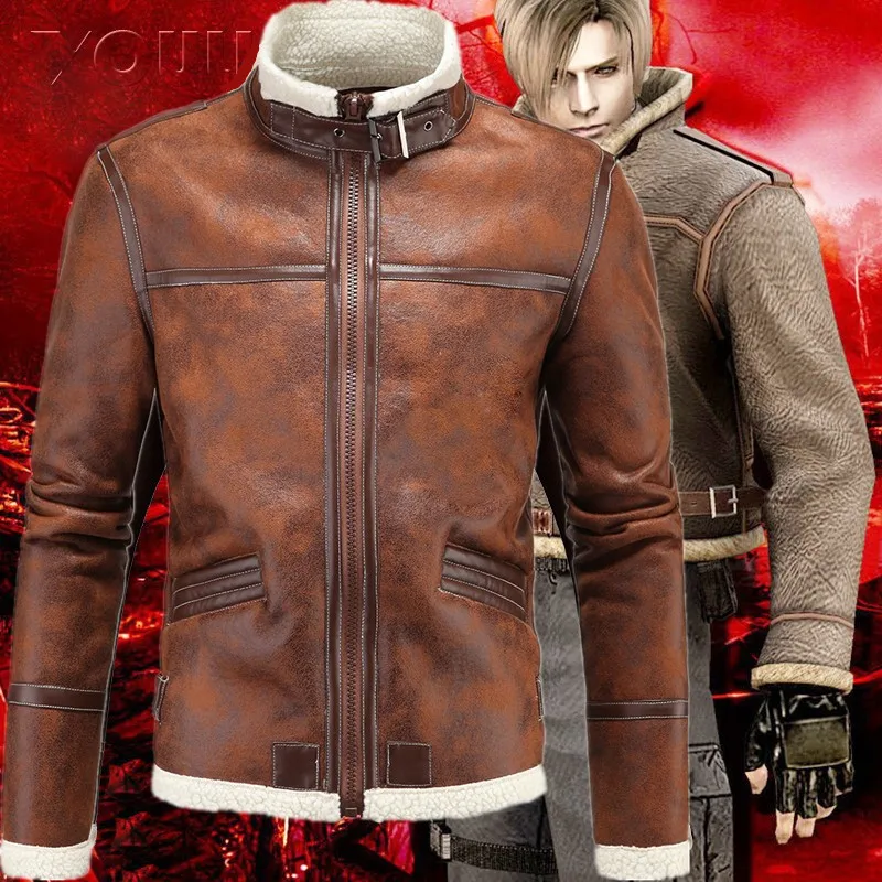 Manteau en cuir pour hommes  veste unique  veste d'hiver épaisse et thermique  col montant  à la