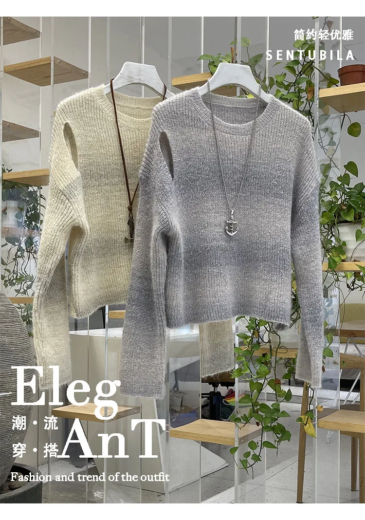 

H80&S90 New Fashion Women Knitted O-Neck Long Sleeve Pullover Striped Hollow Out High Steet Sunscreen Sweater Tops