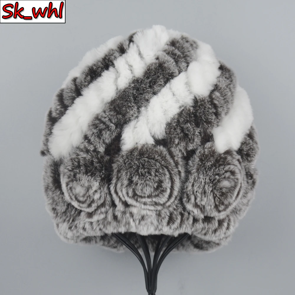 

Hot Sale Russia Winter Women Flower Striped Natural Real Fur Hats Lady Warm Genuine Rex Rabbit Fur Caps Outdoor Fur Beanies Hats