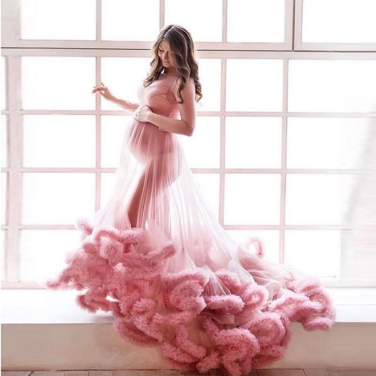 

Elegant Pink Ruffles Tulle Long A-line Maternity Women Dresses Sexy See Thru Summer Party Gowns To Photography
