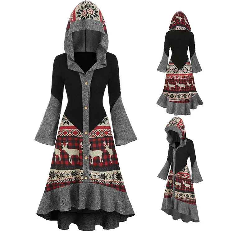 

Printed contrast hooded flounce long sleeve decorative button women's spinning cotton dress