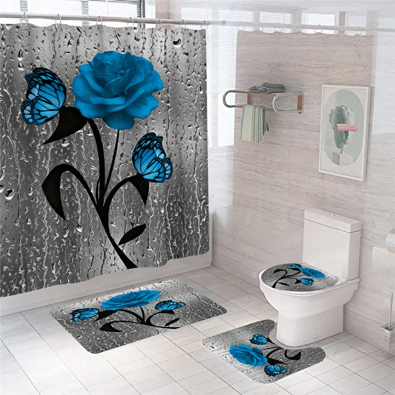

Blue Flower Butterfly Bathroom Non-slip Mat Set Durable Waterproof Shower Curtain Pedestal Rug Lid Toilet Cover Bath Mat Rugs