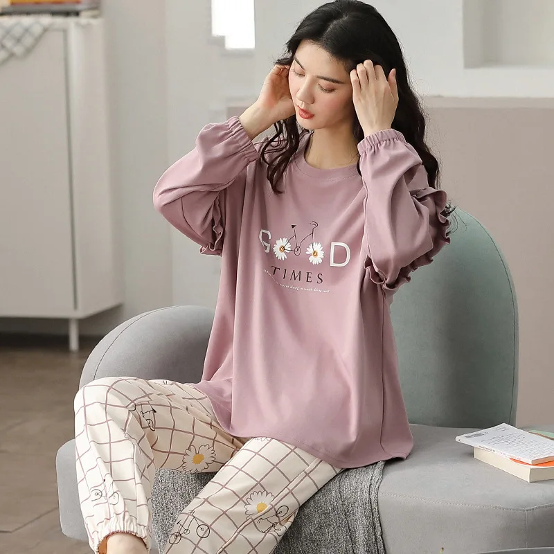 

Pijama Women Pajamas Set Autumn Winter Warm Pyjamas Long Sleeves Cotton Pijamas Cute Green Daisy Print Sleepwear Women Plus Size