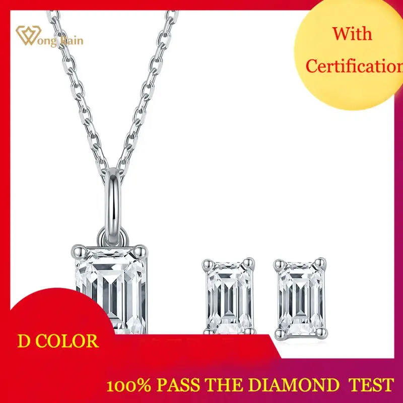 

Wong Rain 925 Sterling Silver Emerald Cut Real Moissanite Gemstone Wedding Earrings/Pendant/Necklace Jewelry Set Gift GRA