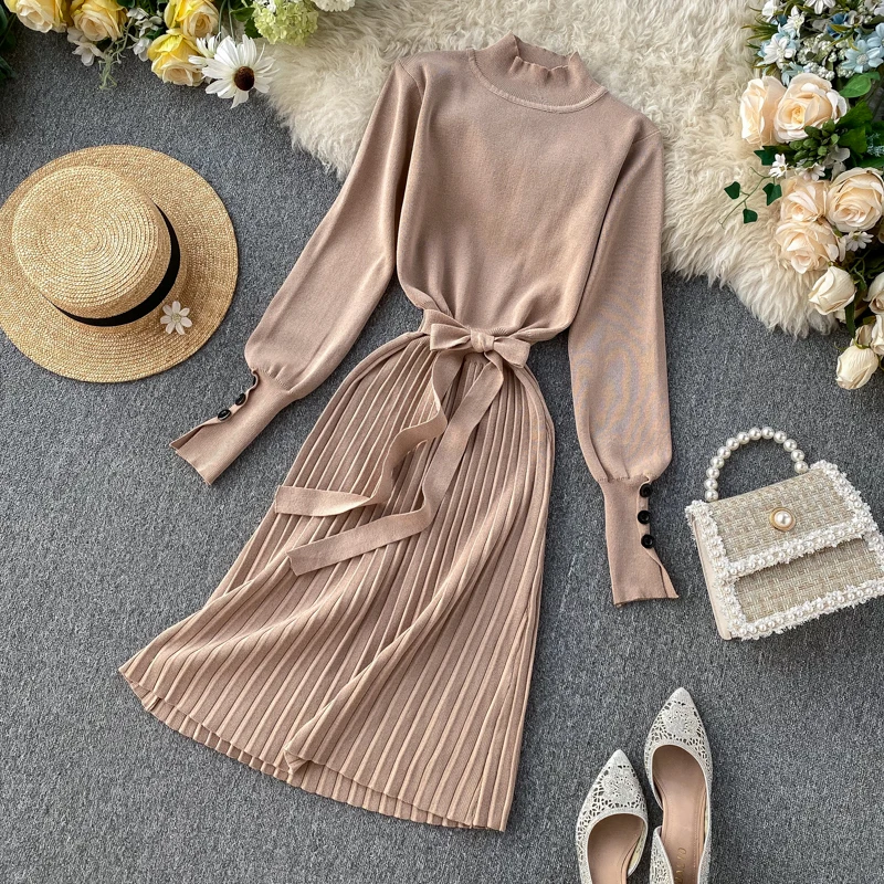 Женское плиссированное платье-свитер с поясом элегантное винтажное длинное