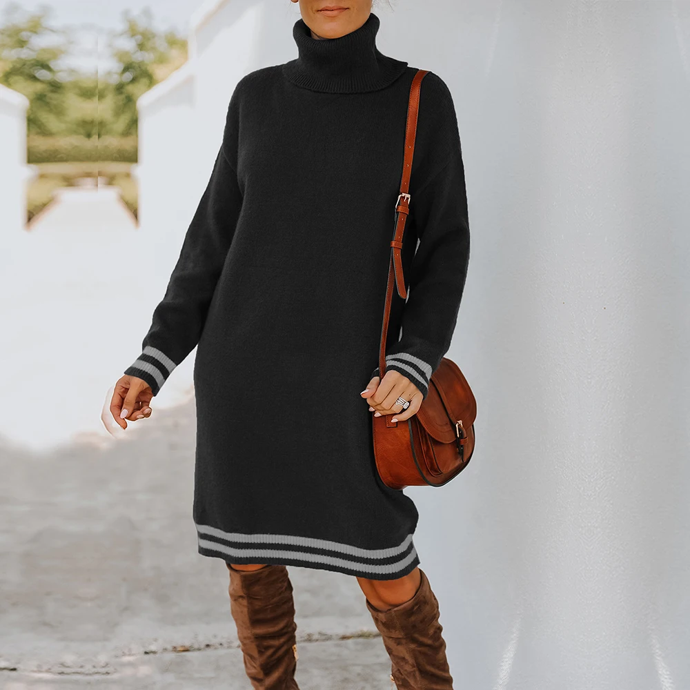 

Womens Casual Knitted Sweater Dress Autumn Winter Solid Striped Turtleneck Long Sleeve Pullover Dress Loose Vestidos femininos