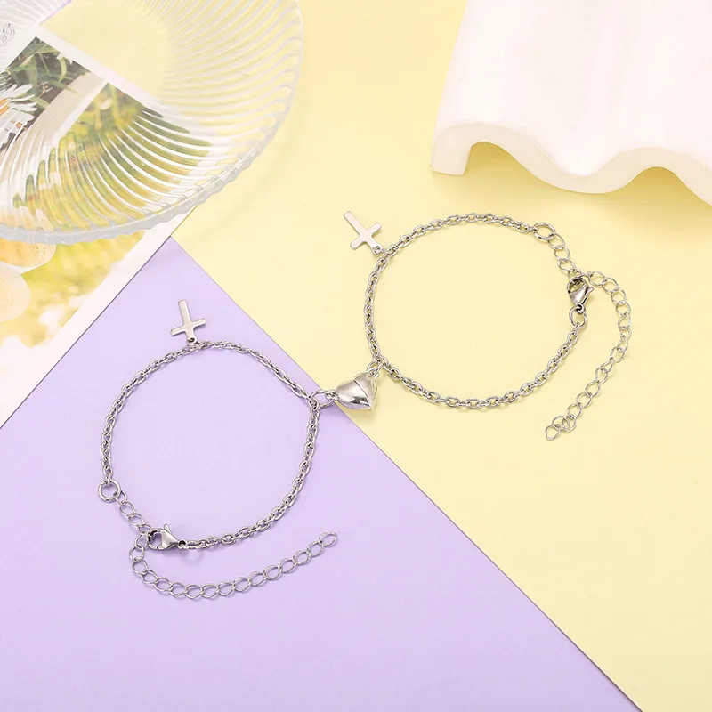 

2pcs /Set Heart Magnet Attract Couple Bracelet Love Cross Charm Jewelry Stainless Steel Chain Necklace Jewelry for Women Men
