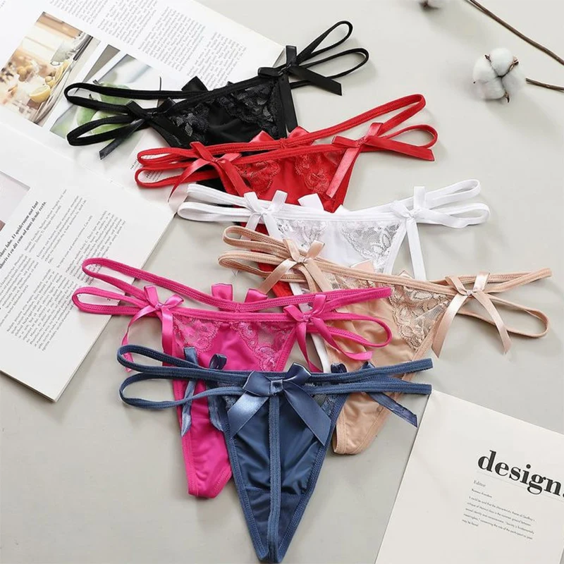 

New Sexy Lace Bow Panties G-String Women Ice Silk Comfortable Low Waist Thong Thin Seamless Ladies Underpants