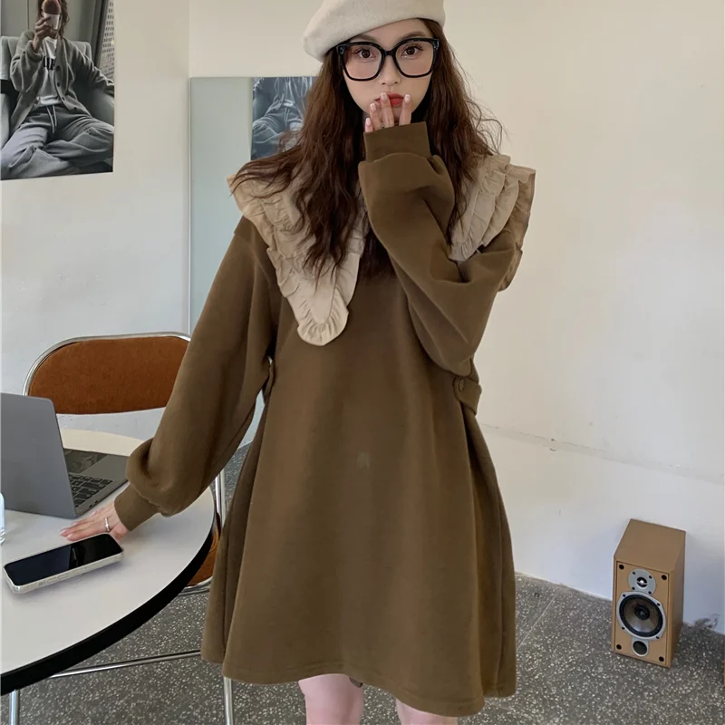 

Korejepo Dress Sweatshirts Lapel Contrast Color Stitched Autumn Winter 2021 New Bottomed Sweet Aging Versatile Dresses Women
