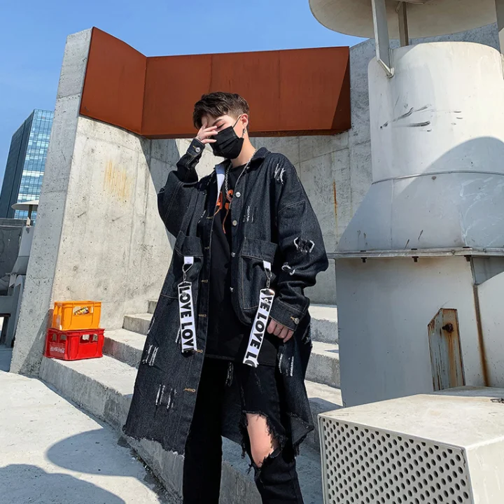 

M-XXL!!Autumn and winter new trendy men's personality loose hole denim windbreaker handsome long section of the fur coat.