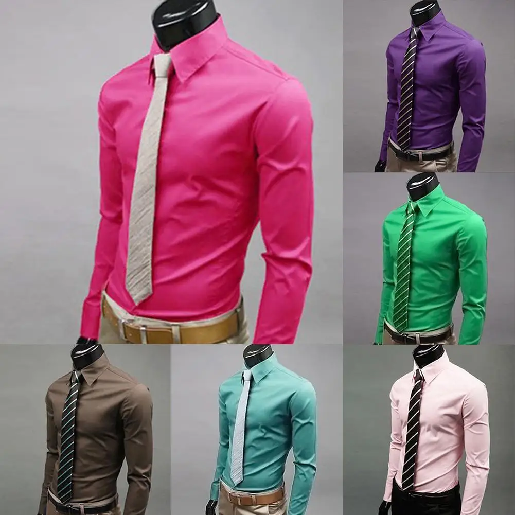 Модная мужская рубашка однотонная с длинным рукавом на пуговицах тонкий