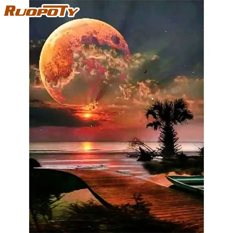 

RUOPOTY Frame Diy Painting By Numbers Acrylic Wall Art Picture Sunset Moon Scenery Coloring By Numbers For Diy Artwork 60x75cm