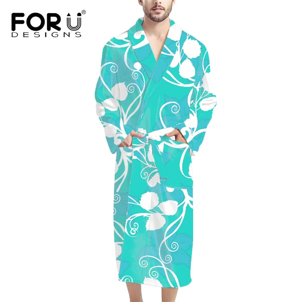 

FORUDESIGNS Hawaiian Style Frangipani Men's Mint Green Bathrobe Warm Robe Soft Coral Fleece Long Plush Nightgown Housecoat
