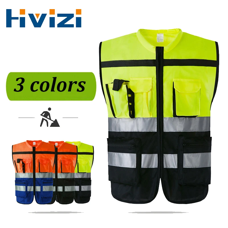 

High Visbility Two Tone Construction Work Vest For Men With hi vis Reflective Stripes Women Safety Vest With Zip