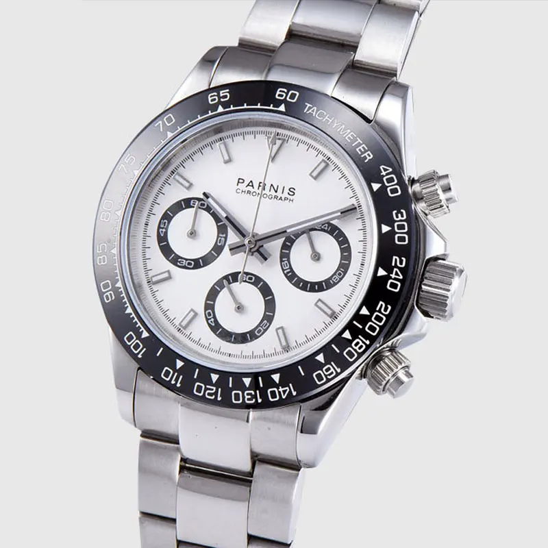 39mm PARNIS white dial sapphire glass solid full Chronograph quartz mens watch P1077 | Наручные часы