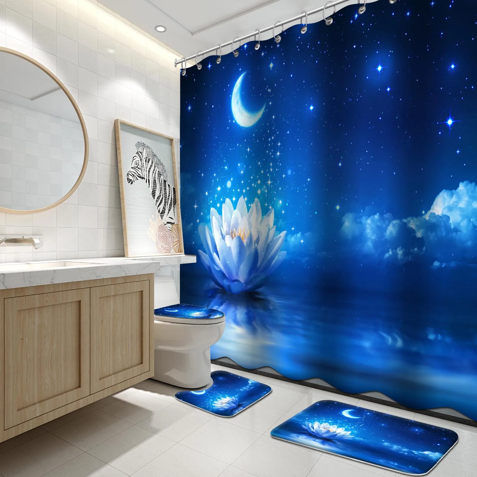 

4 PCS Blue Starry Sky Shower Curtain Moon Night Lotus Flower Pond Water Lily Washable Fabric Bathroom Accessories, 72" W X 72" L