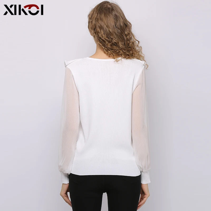 Женская шифоновая блузка XIKOI с оборками и V-образным вырезом белая рубашка