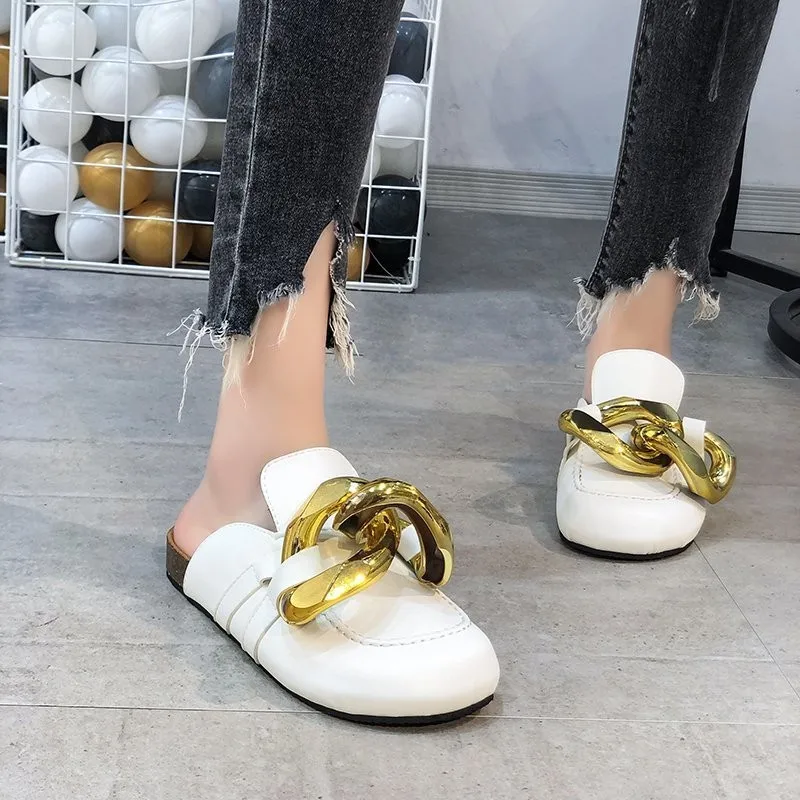 Brand Design Women Slipper Fashion Big Gold Chain Sandals Shoes Round Toe Slip On Mul Flat Heel Casual Slides Flip