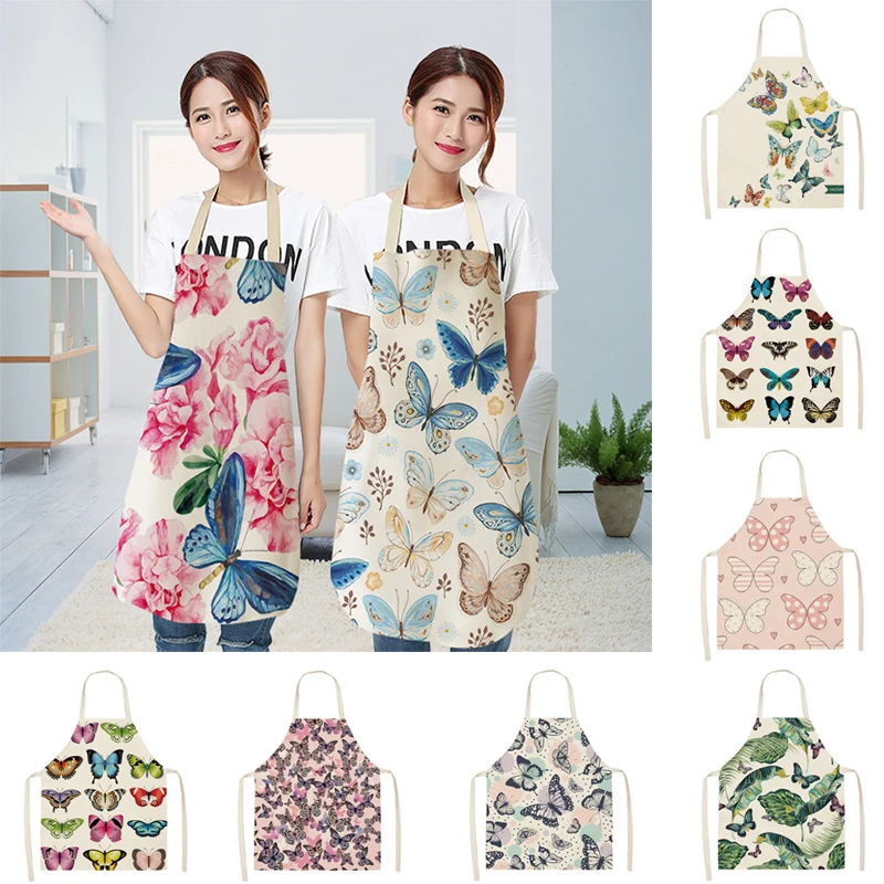 

1Pcs Butterfly Printed Cotton Linen Aprons for Women Home Kitchen Cooking Baking Waist Bib Pinafore Cleaning Tools Cooking Apron