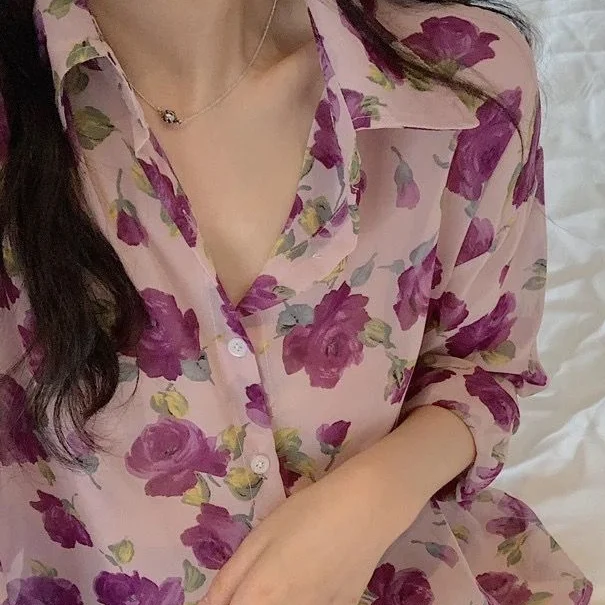 Рубашка женская Винтажная с длинным рукавом однобортная элегантная блуза