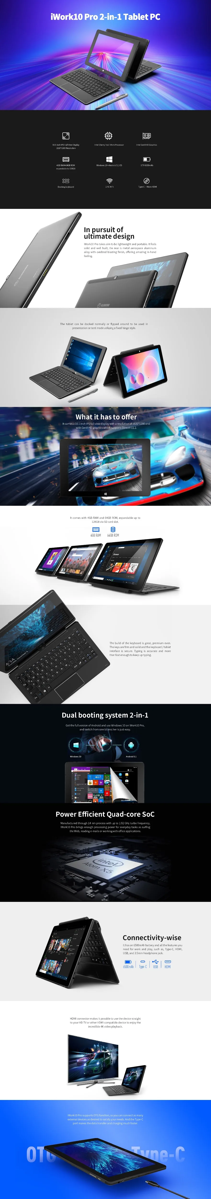 Alldocube iWork10 pro планшет 10,1 дюймов Intel Cherry-Trail Windows10+ Android 5,1 двойная система ram 4 Гб+ rom 64 Гб 1920*1200 ips wifi