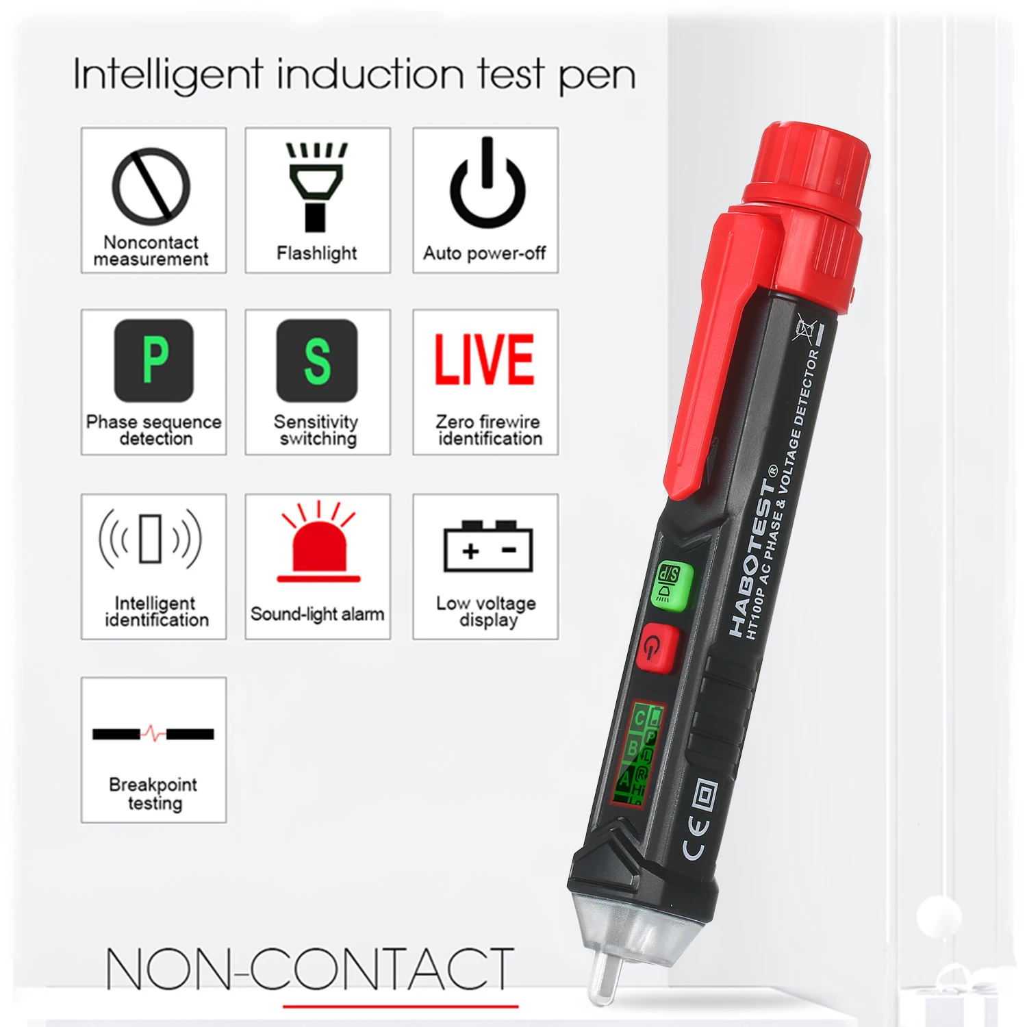

HABOTEST HT100P Portable LCD Digital Voltage Tester AC Phase & Voltage Detector Non-contact NCV Pen-type Electroscope