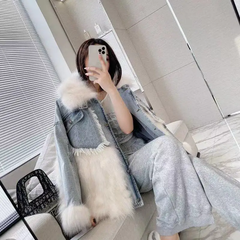 Женская куртка средней длины джинсовая парка из искусственного меха енота с