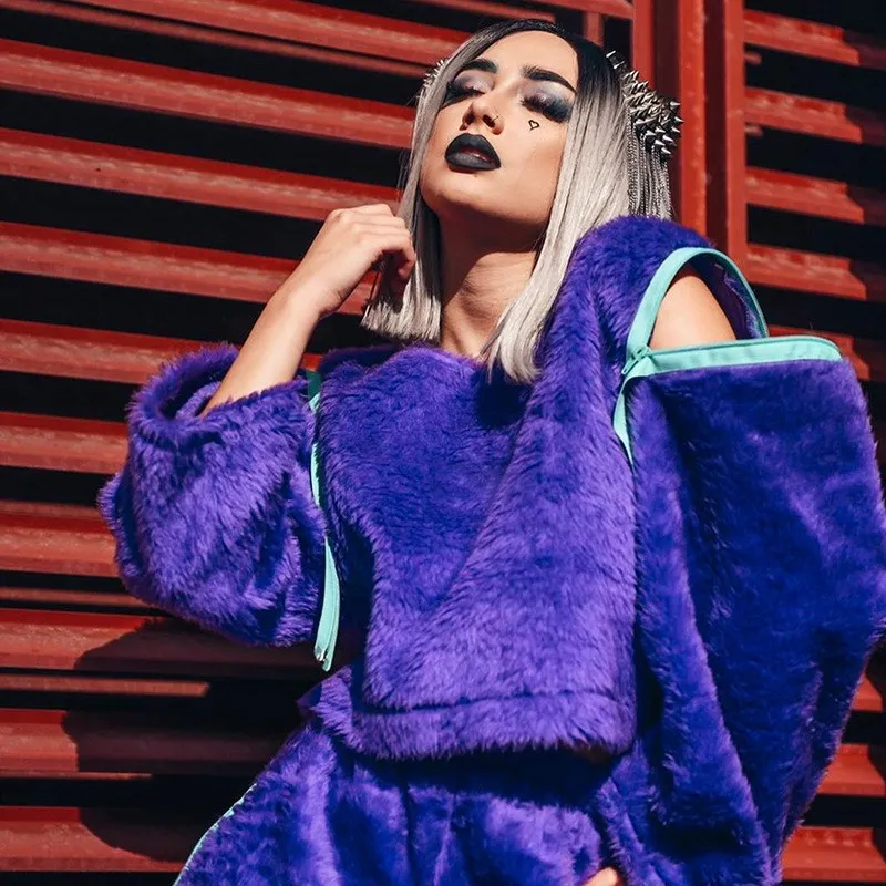 Фиолетовая укороченная Женская толстовка с длинным рукавом осенняя белая