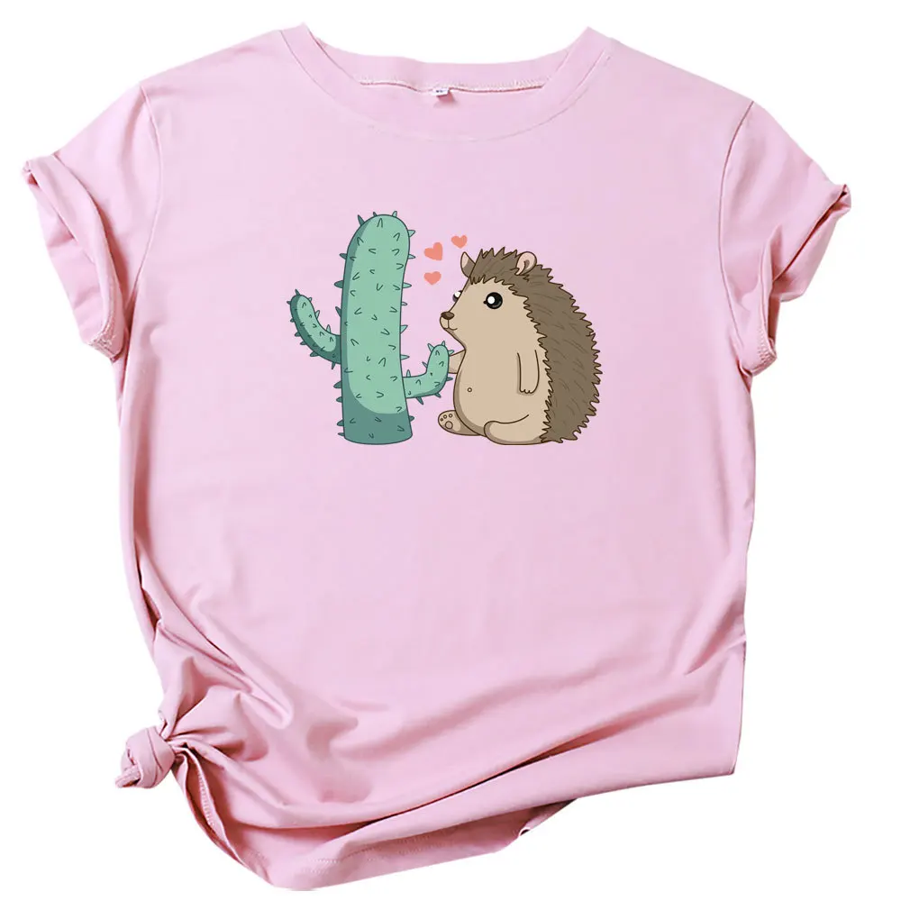 

Cotton Summer T Shirt Hedgehugs and Cactus Graphic Print T Shirts Cartoon Animal Short Sleeve Tees for Women O-Neck Streetwear