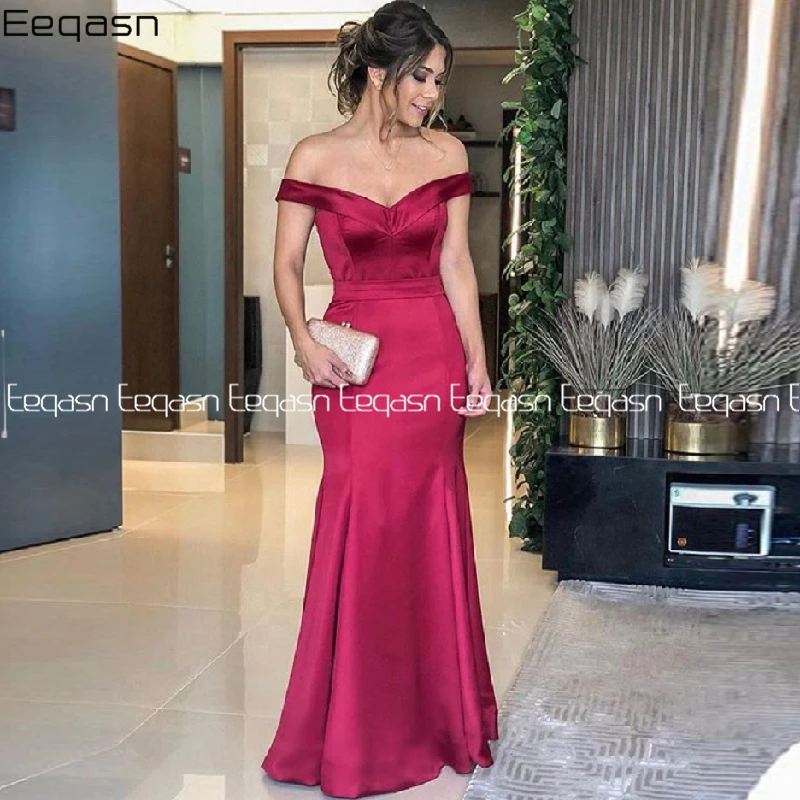 

Elegant Mermaid Prom Dresses Long Satin Off Shoulder Women Evening Gowns V Neck Sweep Train Formal Gala Dress 2020