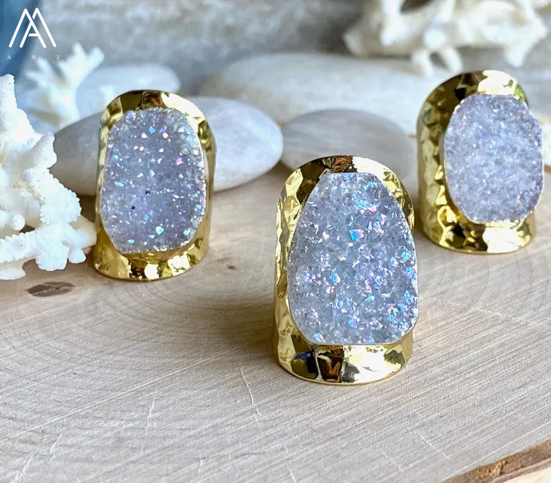 

Natural Druzy Drusy Agates Stone Oval Beads Open Adjustable Rings For Women Stone Beads Gold Finger Rings Jewelry Dropship