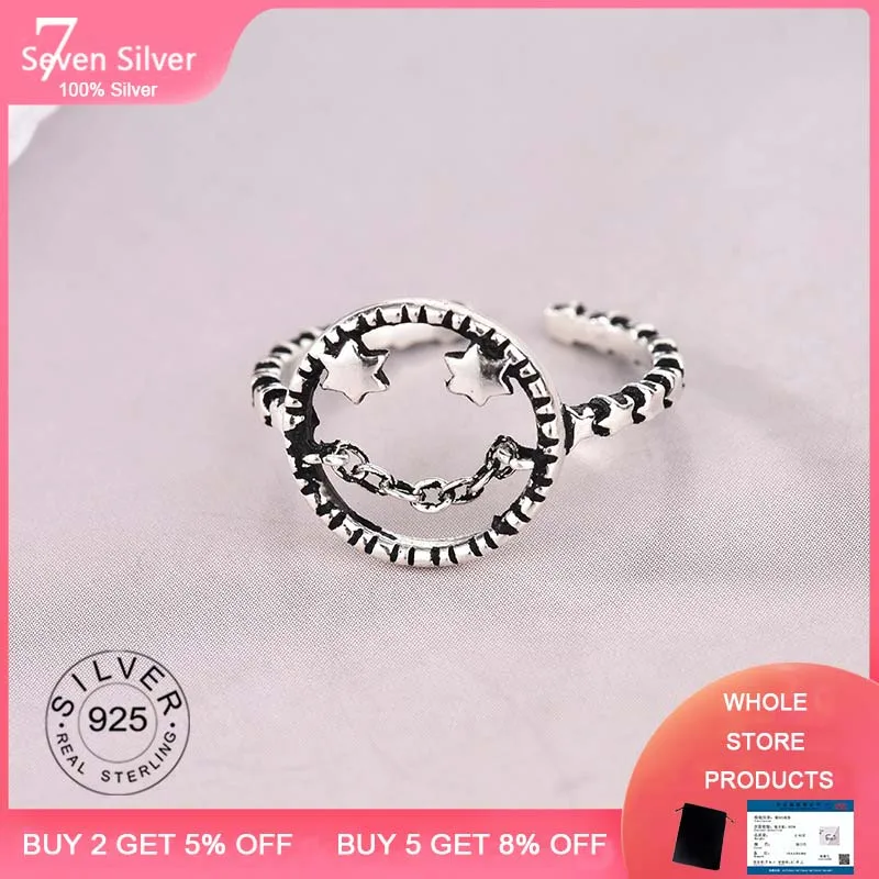 

925 sterling silver rings for women iron smile face Multilayer open adjustable trendy Silver Jewelry Party Gifts